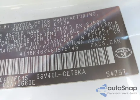 2008 Toyota Camry Se V6 из США, поврежденный, VIN 4T1BK46K48U575446